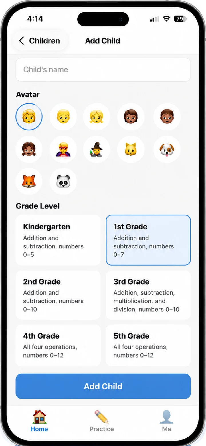 Adding a child profile with an avatar and grade level