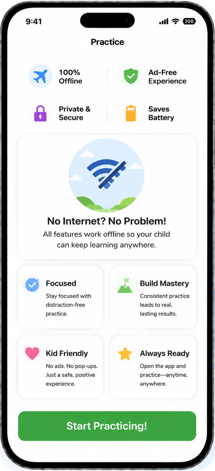 Math Factlings offline screen explaining that all features work without an internet connection