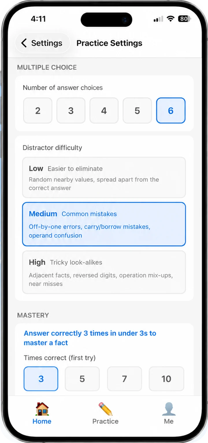 Math Factlings practice settings: answer choices, distractor difficulty, and mastery thresholds