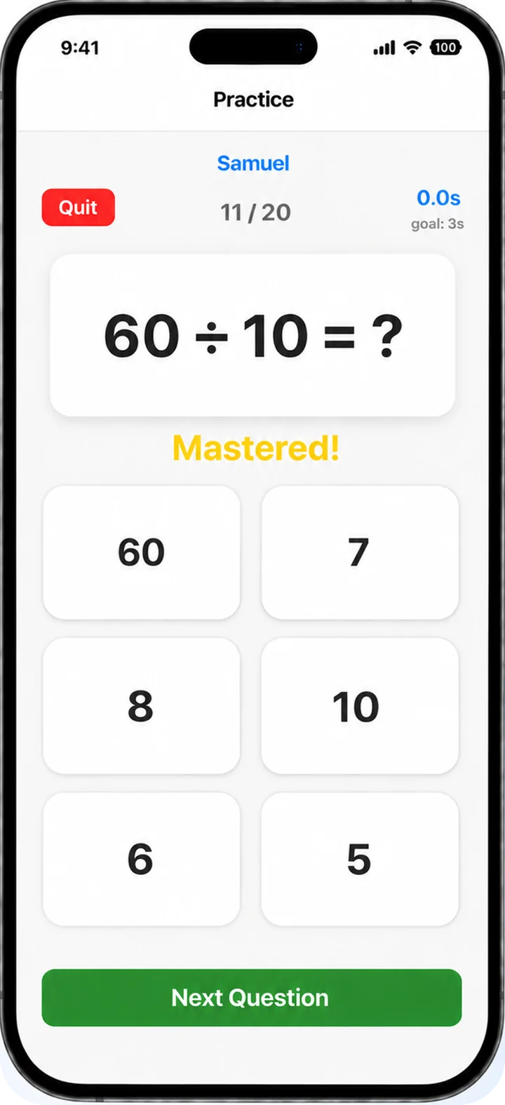 A division problem in Math Factlings with multiple-choice answers and a live timer