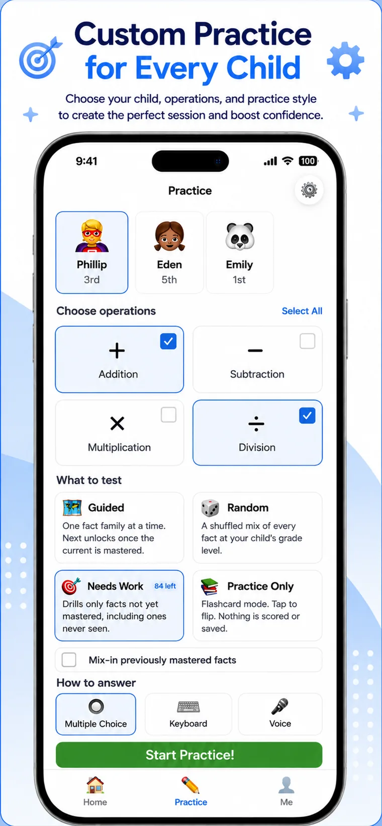Custom practice setup screen